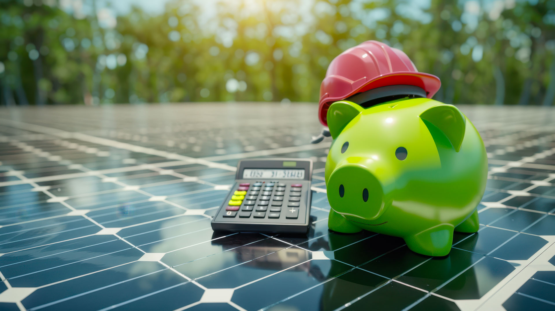Salvadanaio e calcolatrice su pannello fotovoltaico